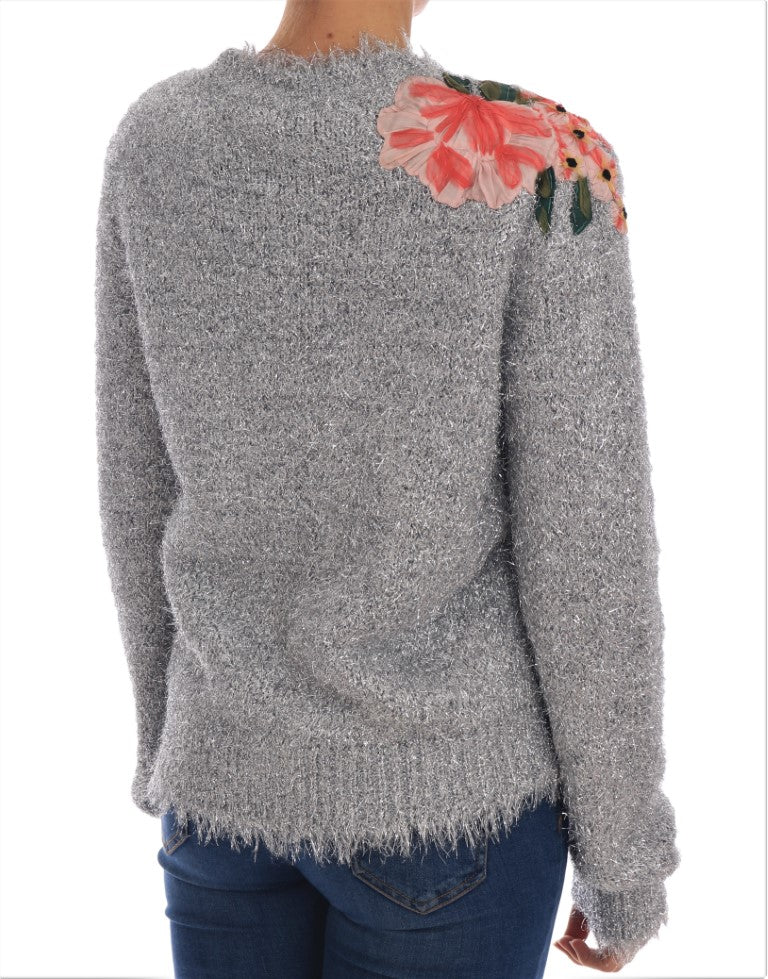 Dolce & Gabbana Silver Cardigan Floral Applique Sweater