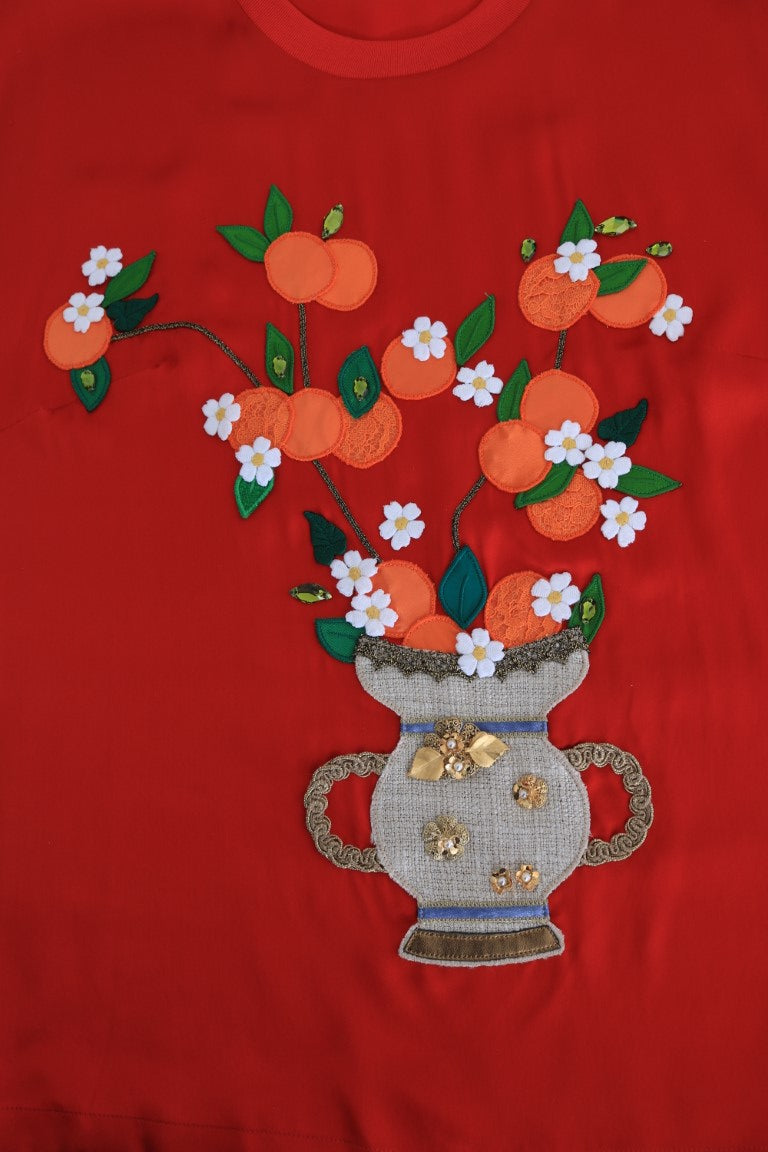 Dolce & Gabbana Red Silk Oranges Floral Vase Crystal Embellished Blouse