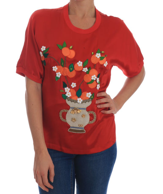 Dolce & Gabbana Red Silk Oranges Floral Vase Crystal Embellished Blouse