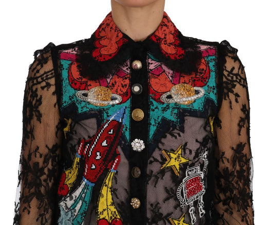 Dolce & Gabbana Multicolor Floral Lace Embroidered Blouse with Crystals