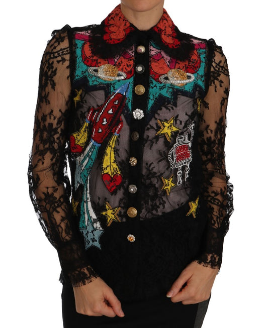 Dolce & Gabbana Multicolor Floral Lace Embroidered Blouse with Crystals