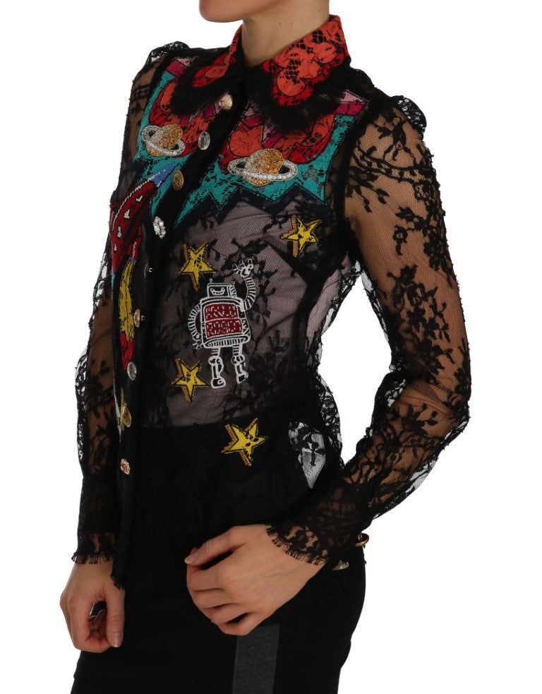 Dolce & Gabbana Multicolor Floral Lace Embroidered Blouse with Crystals