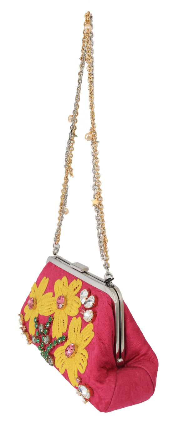 Dolce & Gabbana Pink Brocade Floral Crystal Applique Clutch Purse