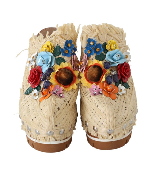 Dolce & Gabbana Chic Raffia Floral Embellished Wooden Mule Slides