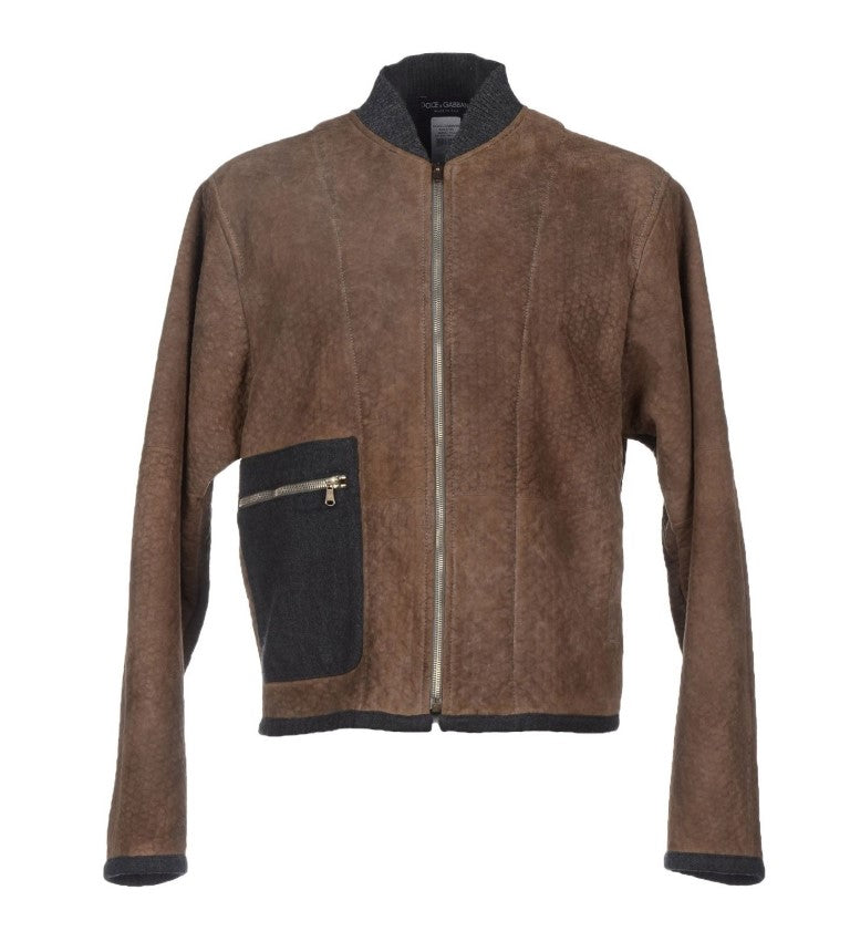 Dolce & Gabbana Brown Gray Leather Jacket Coat