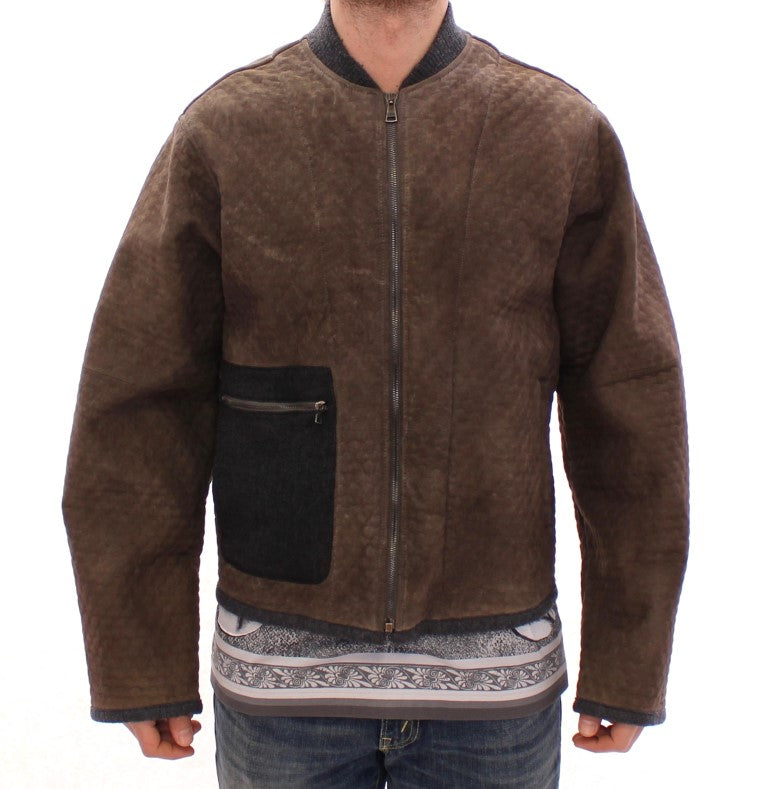 Dolce & Gabbana Brown Gray Leather Jacket Coat