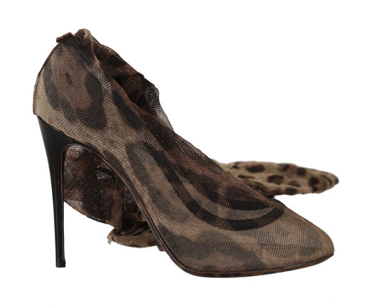 Dolce & Gabbana Brown Leopard Tulle Long Socks Pumps