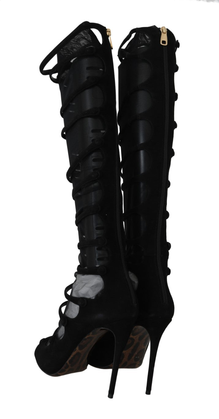 Dolce & Gabbana Black Suede Stretch Strap Knee High Stiletto Heel Boots