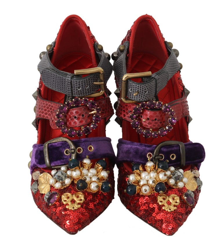 Dolce & Gabbana Red Sequined Crystal Studs Heels Shoes