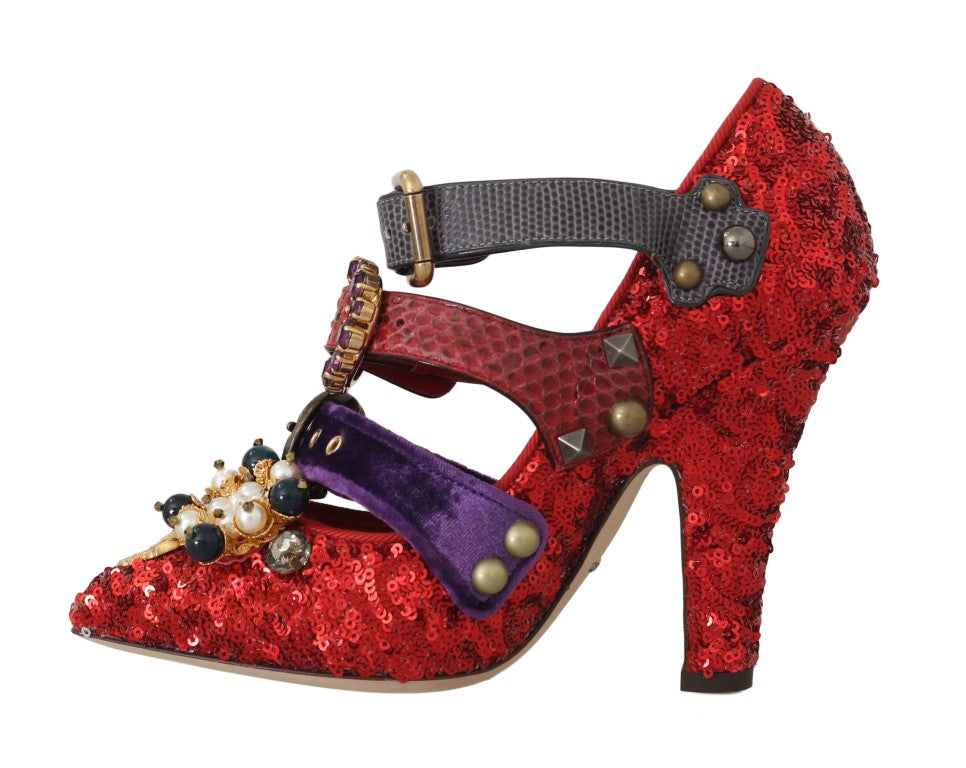 Dolce & Gabbana Red Sequined Crystal Studs Heels Shoes