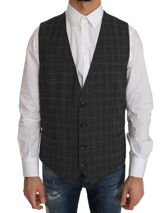 Dolce & Gabbana Gray Wool STAFF Checkered Stretch Vest