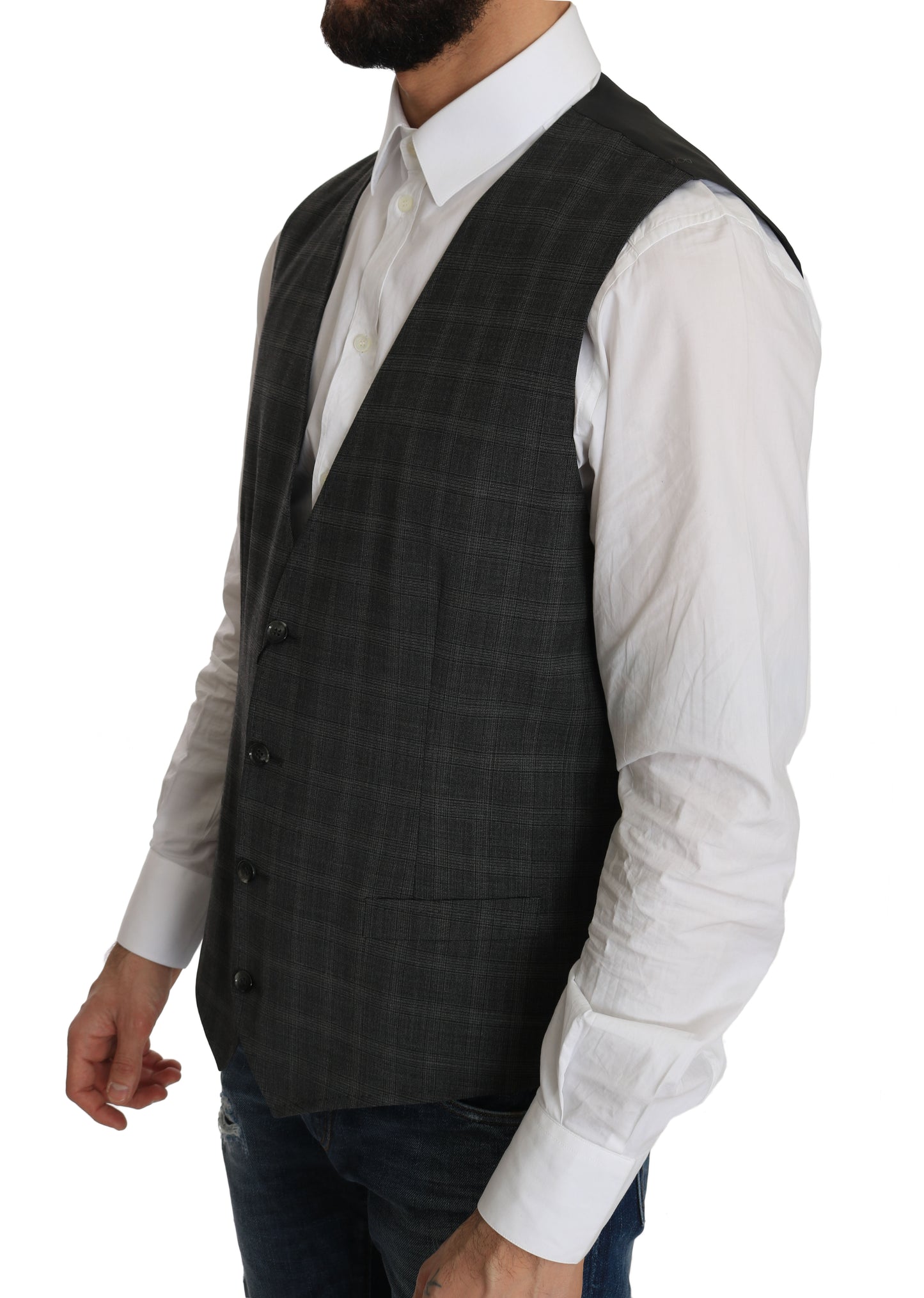 Dolce & Gabbana Gray Wool STAFF Checkered Stretch Vest