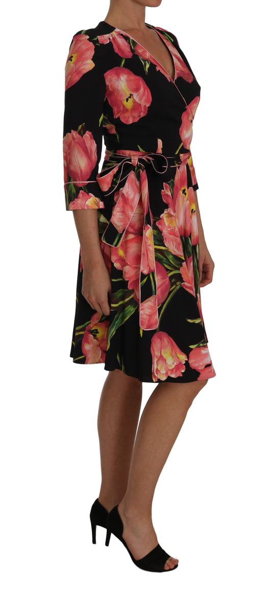 Dolce & Gabbana Black Pink Tulip Print Dress