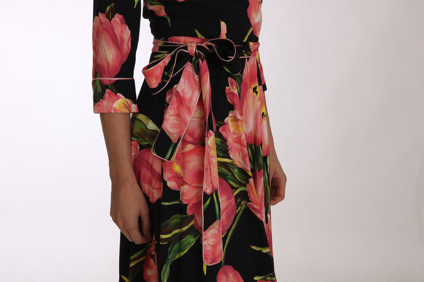 Dolce & Gabbana Black Pink Tulip Print Dress