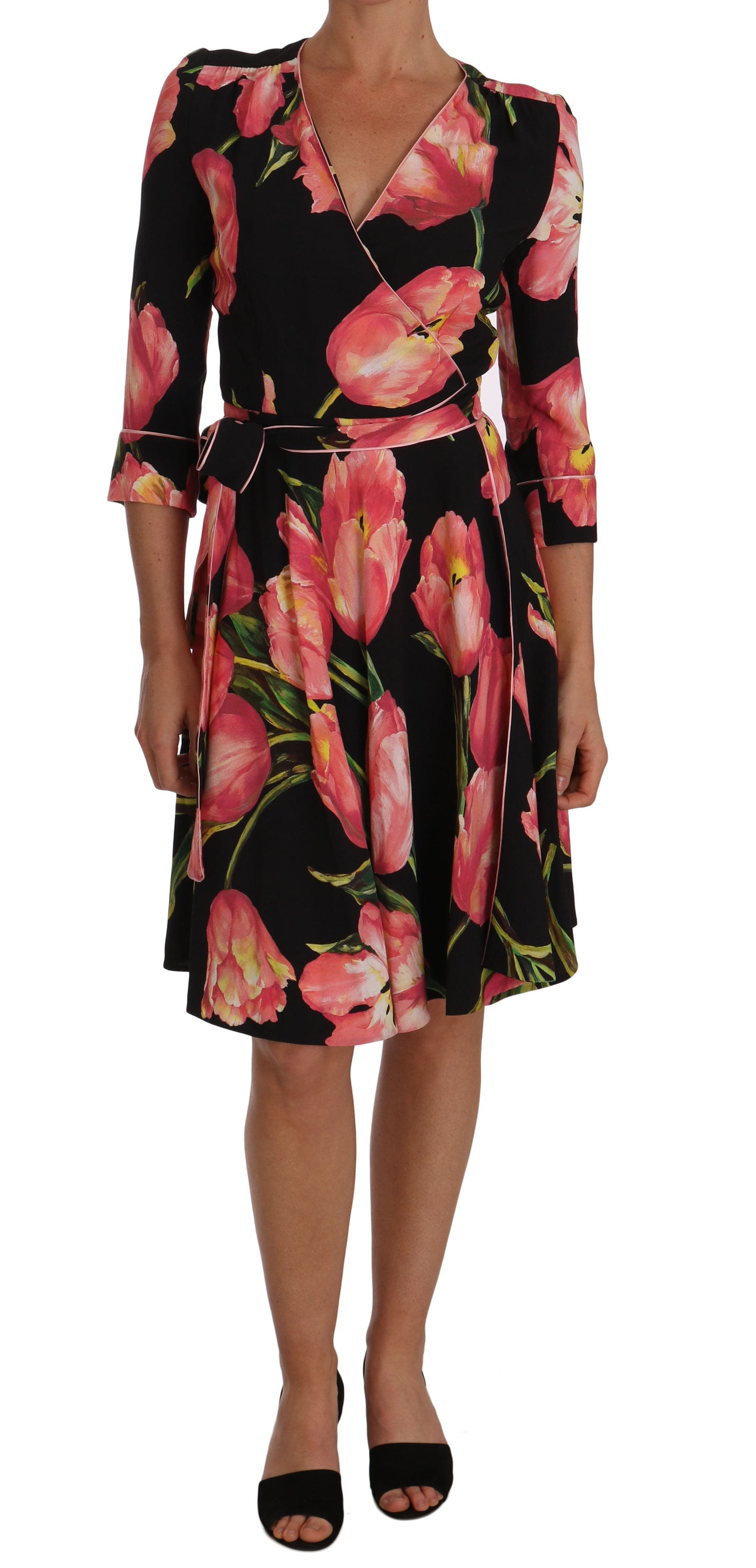 Dolce & Gabbana Black Pink Tulip Print Dress