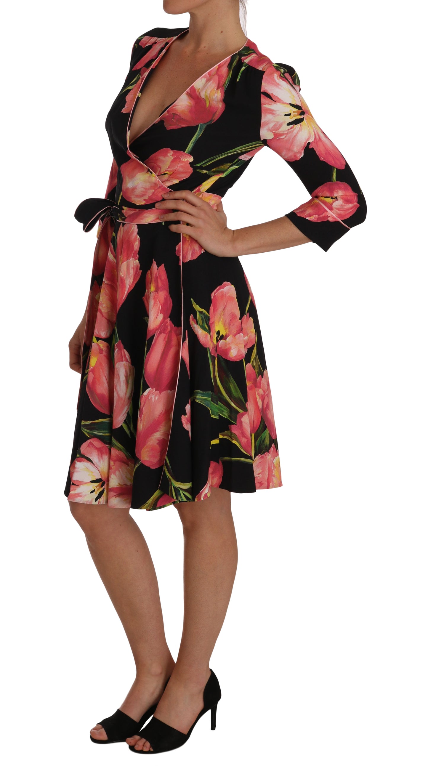 Dolce & Gabbana Black Pink Tulip Print Dress