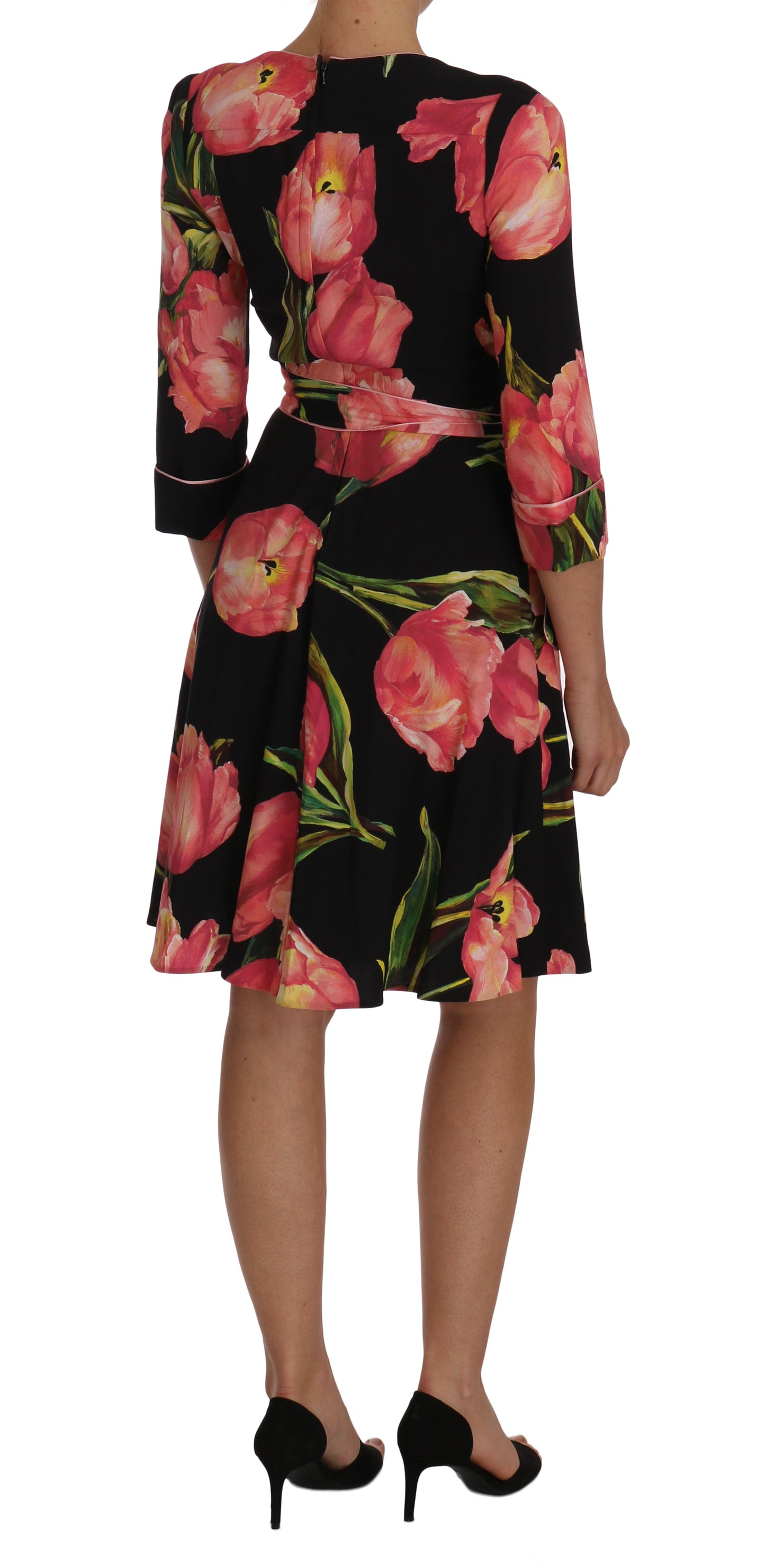 Dolce & Gabbana Black Pink Tulip Print Dress