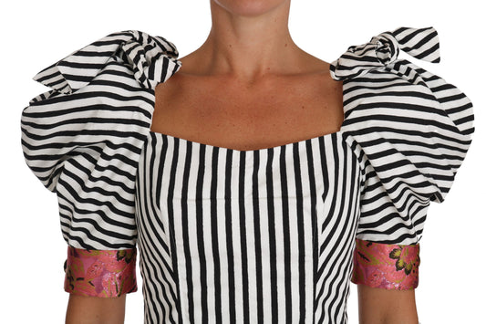 Dolce & Gabbana White Black Striped Cropped Puff Sleeve Top Pink Brocade Detailing