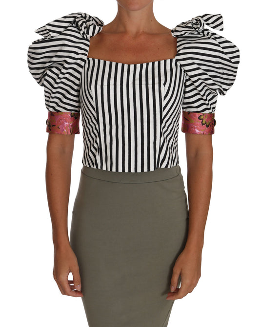 Dolce & Gabbana White Black Striped Cropped Puff Sleeve Top Pink Brocade Detailing