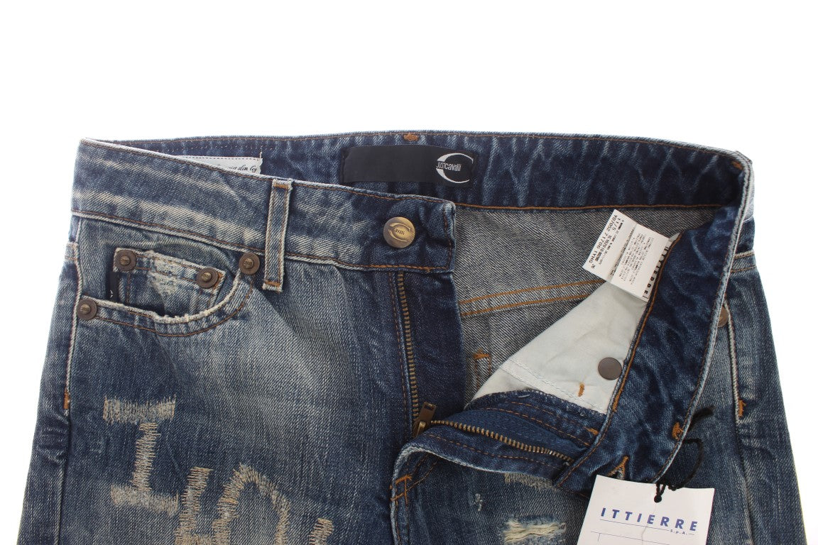 Cavalli Blue Wash Torn Cotton Straight Fit Jeans