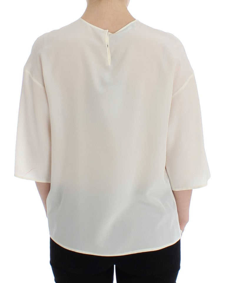 Dolce & Gabbana White Sequined Key Silk Blouse T-shirt Top