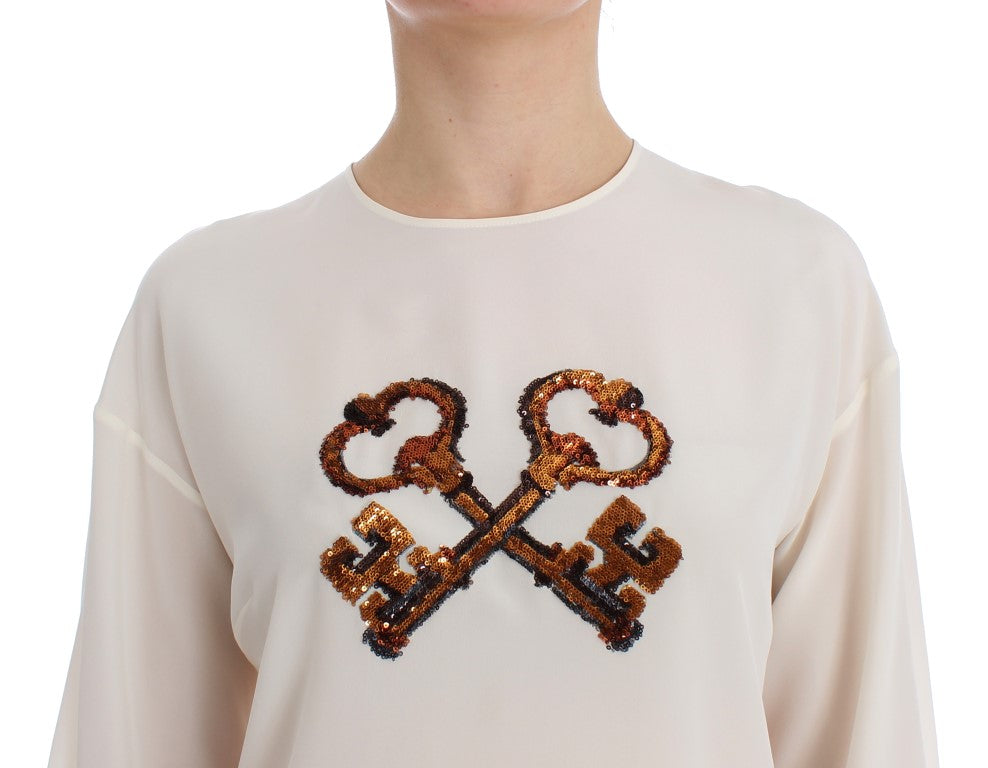 Dolce & Gabbana White Sequined Key Silk Blouse T-shirt Top