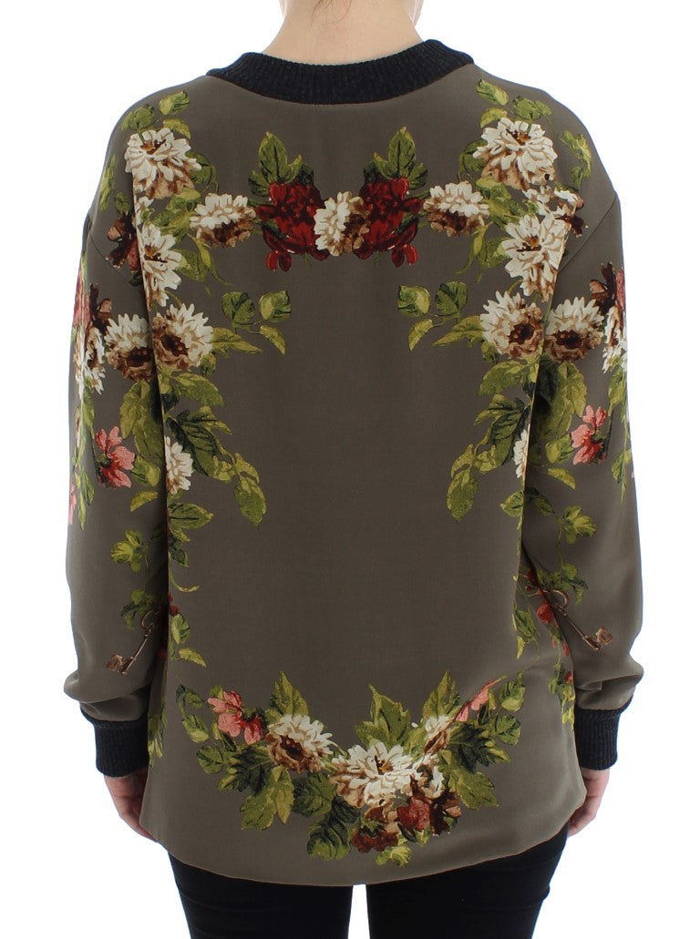 Dolce & Gabbana Green Key Floral Print Silk Sweater