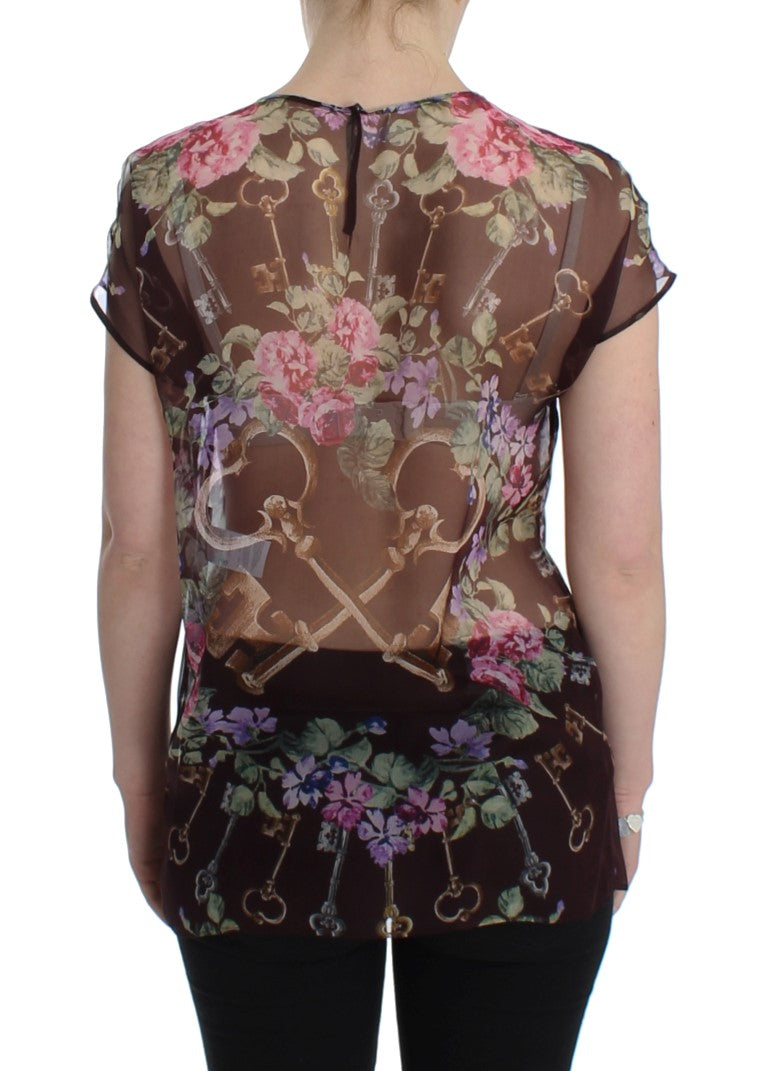 Dolce & Gabbana Black Key Floral Print Silk Blouse T-shirt