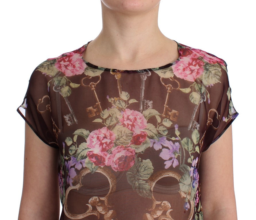 Dolce & Gabbana Black Key Floral Print Silk Blouse T-shirt