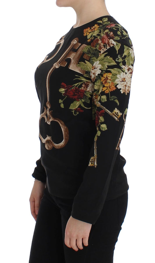 Dolce & Gabbana Black Key Floral Print Silk Blouse Top