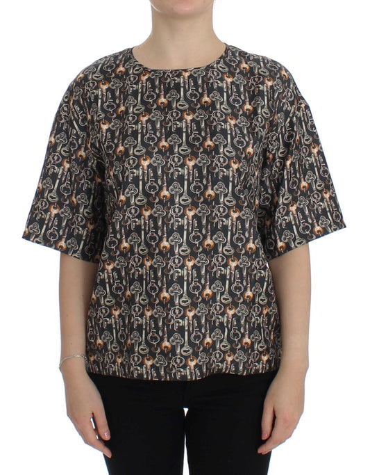 Dolce & Gabbana Gray Bronze Key Print Silk Blouse Shirt