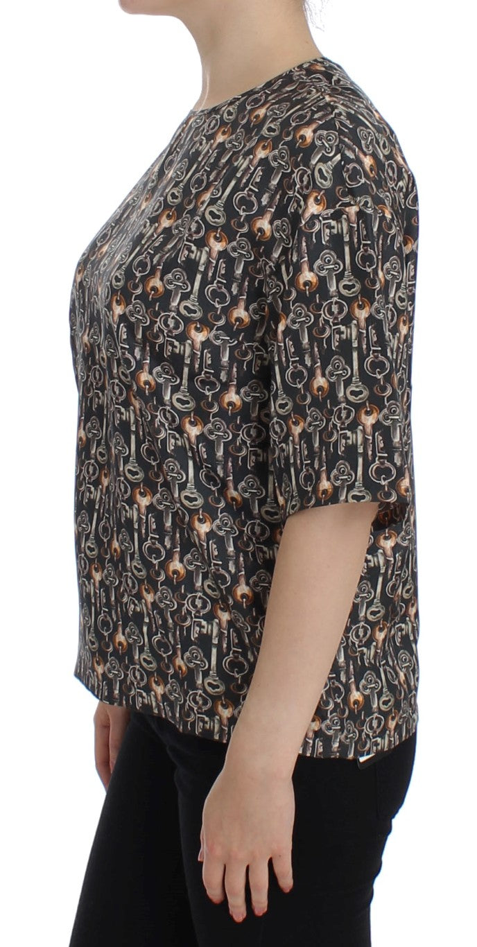 Dolce & Gabbana Gray Bronze Key Print Silk Blouse Shirt