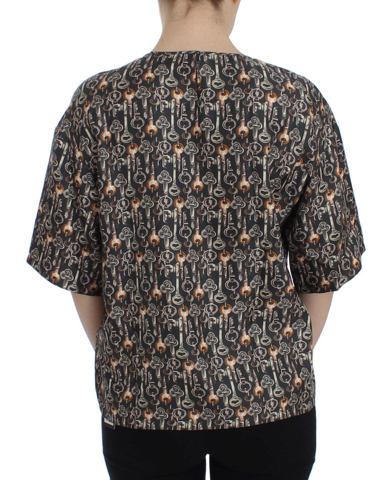 Dolce & Gabbana Gray Bronze Key Print Silk Blouse Shirt