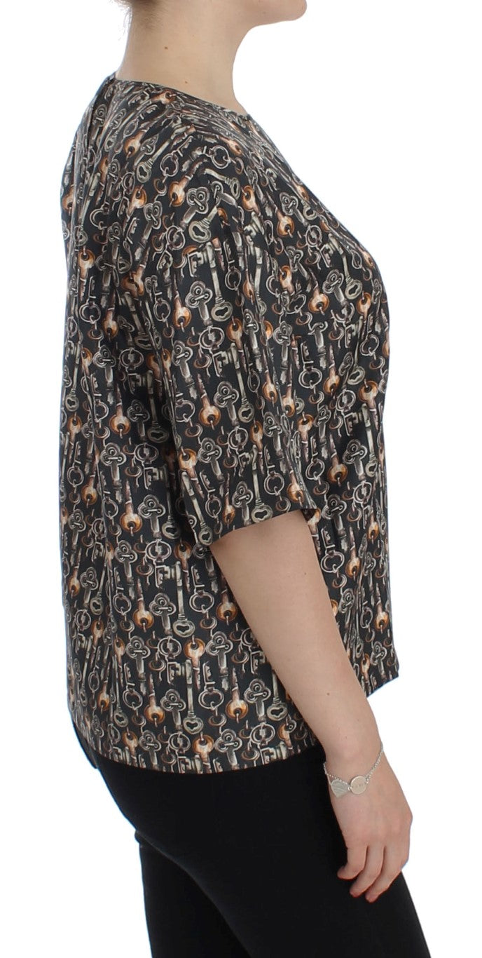 Dolce & Gabbana Gray Bronze Key Print Silk Blouse Shirt