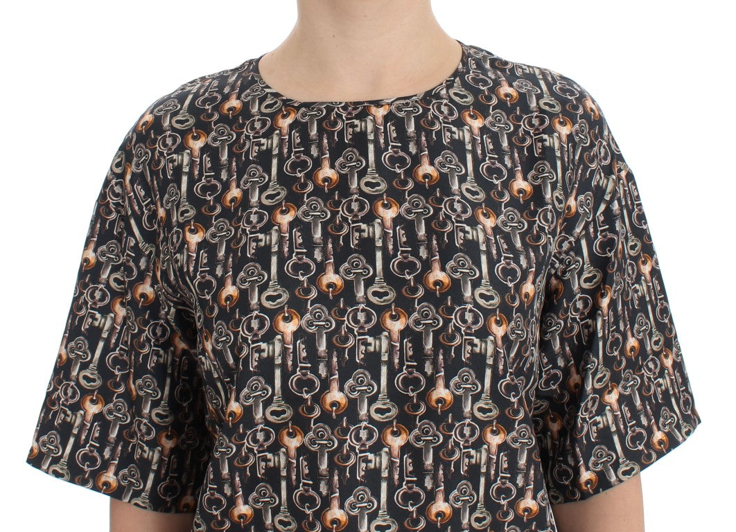 Dolce & Gabbana Gray Bronze Key Print Silk Blouse Shirt