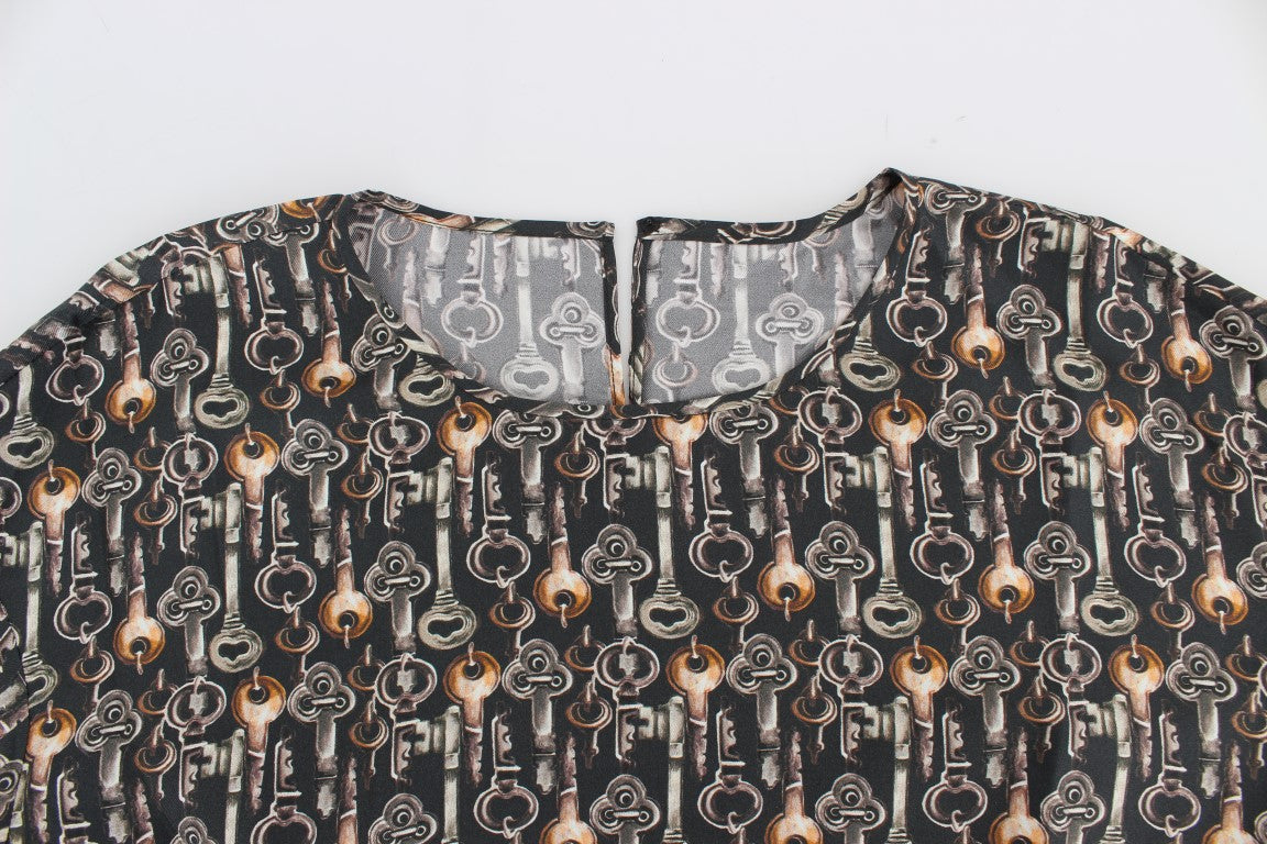 Dolce & Gabbana Gray Bronze Key Print Silk Blouse Shirt