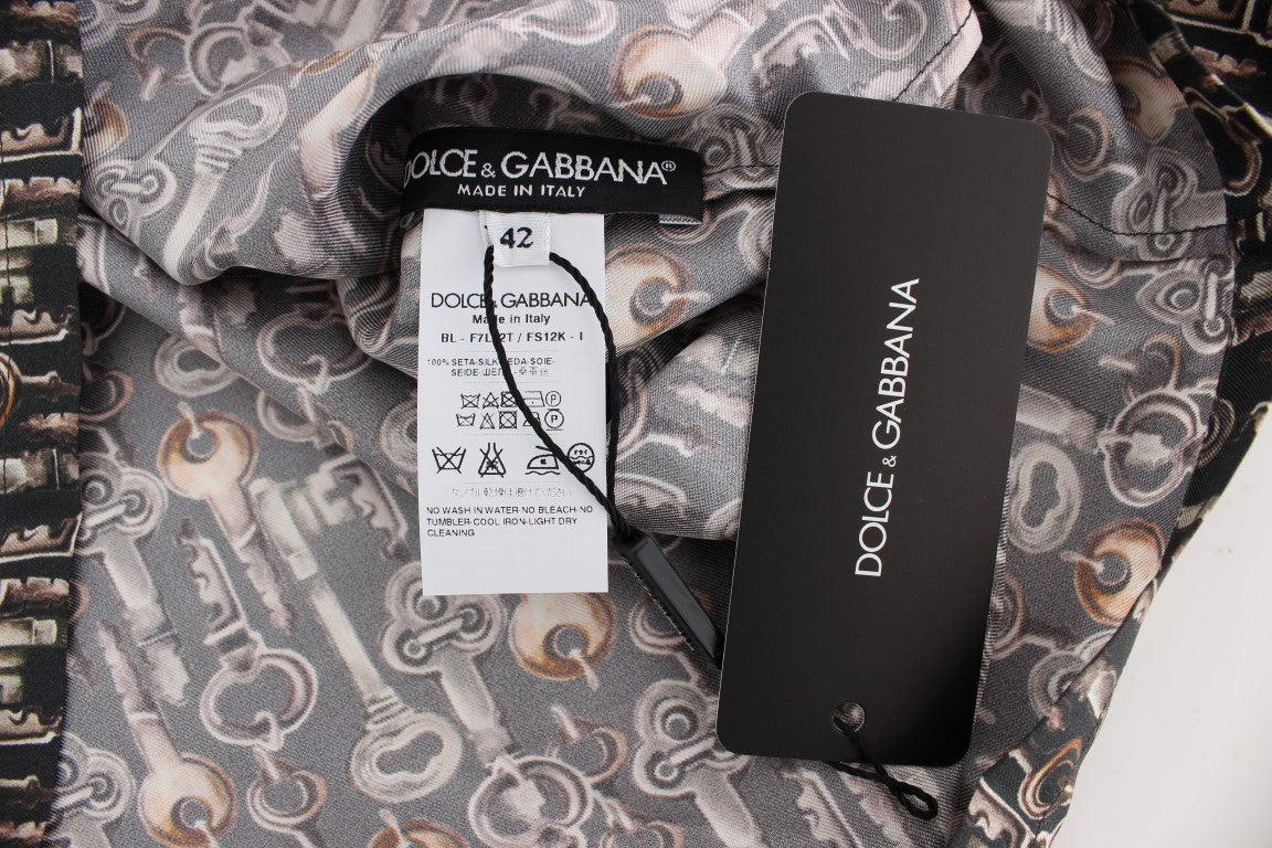 Dolce & Gabbana Gray Bronze Key Print Silk Blouse Shirt