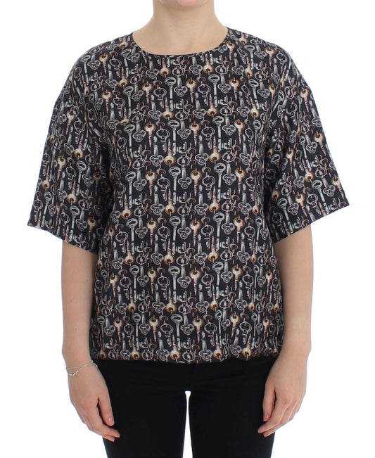 Dolce & Gabbana Gray Gold Key Print Silk Blouse Shirt