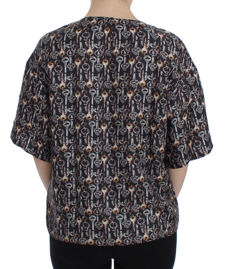 Dolce & Gabbana Gray Gold Key Print Silk Blouse Shirt