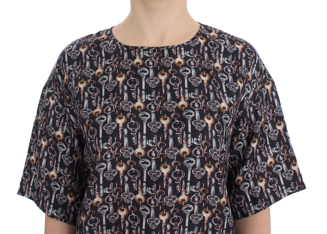 Dolce & Gabbana Gray Gold Key Print Silk Blouse Shirt