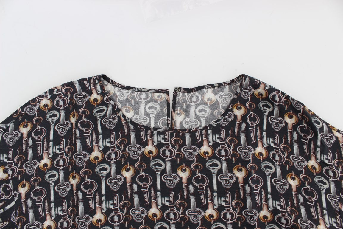 Dolce & Gabbana Gray Gold Key Print Silk Blouse Shirt