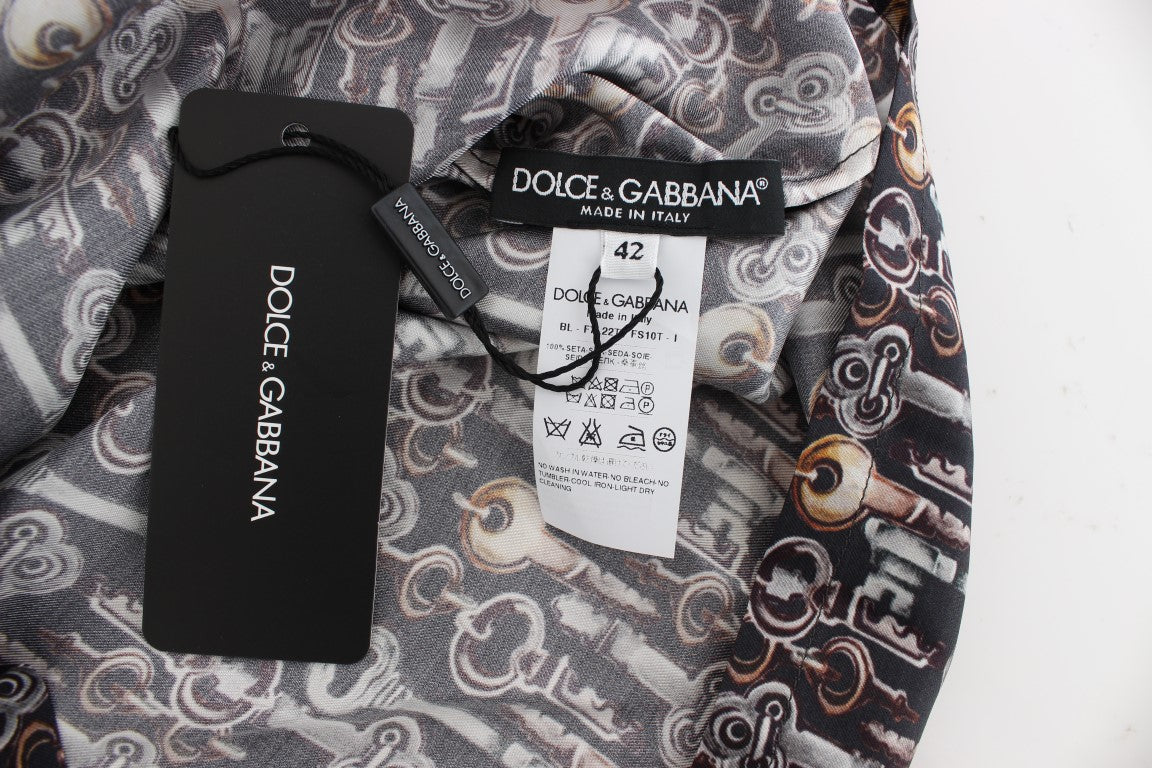 Dolce & Gabbana Gray Gold Key Print Silk Blouse Shirt