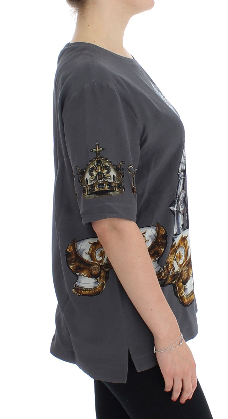 Dolce & Gabbana Gray Knight Crown Print Silk Blouse Top