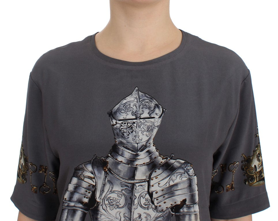 Dolce & Gabbana Gray Knight Crown Print Silk Blouse Top