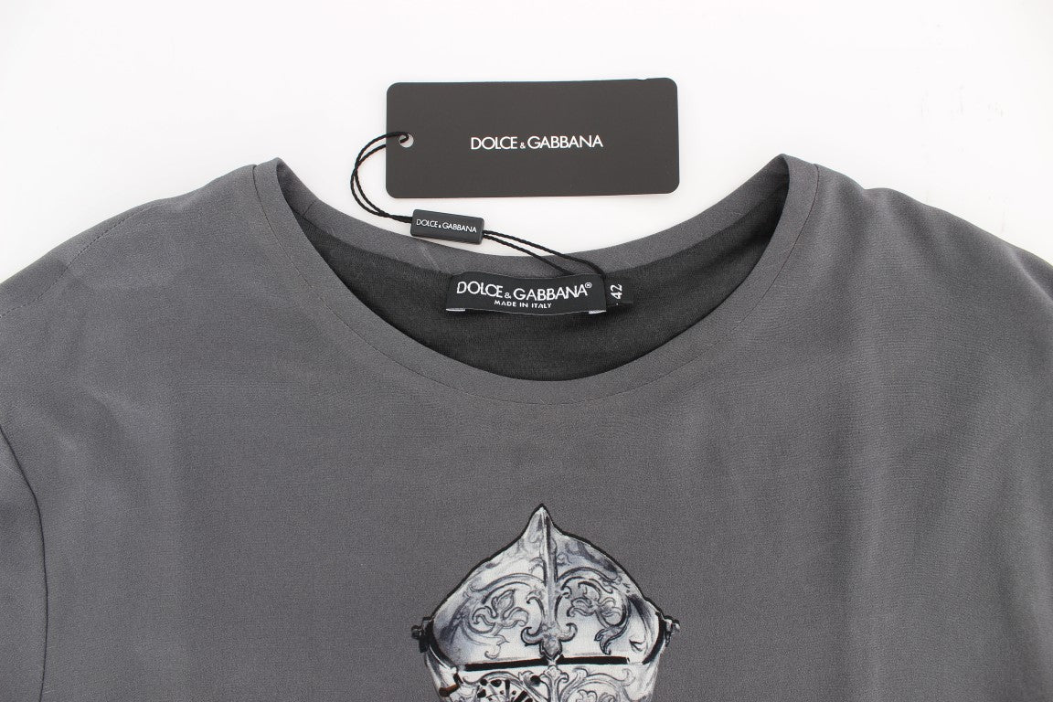 Dolce & Gabbana Gray Knight Crown Print Silk Blouse Top