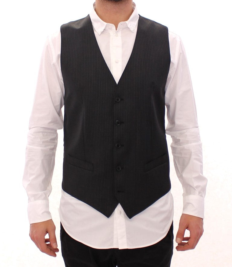 Dolce & Gabbana Gray Striped Wool Single Breasted Vest