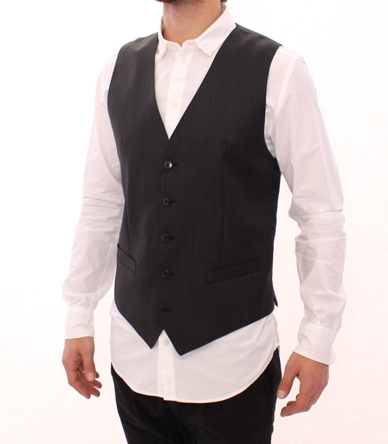 Dolce & Gabbana Gray Striped Wool Single Breasted Vest