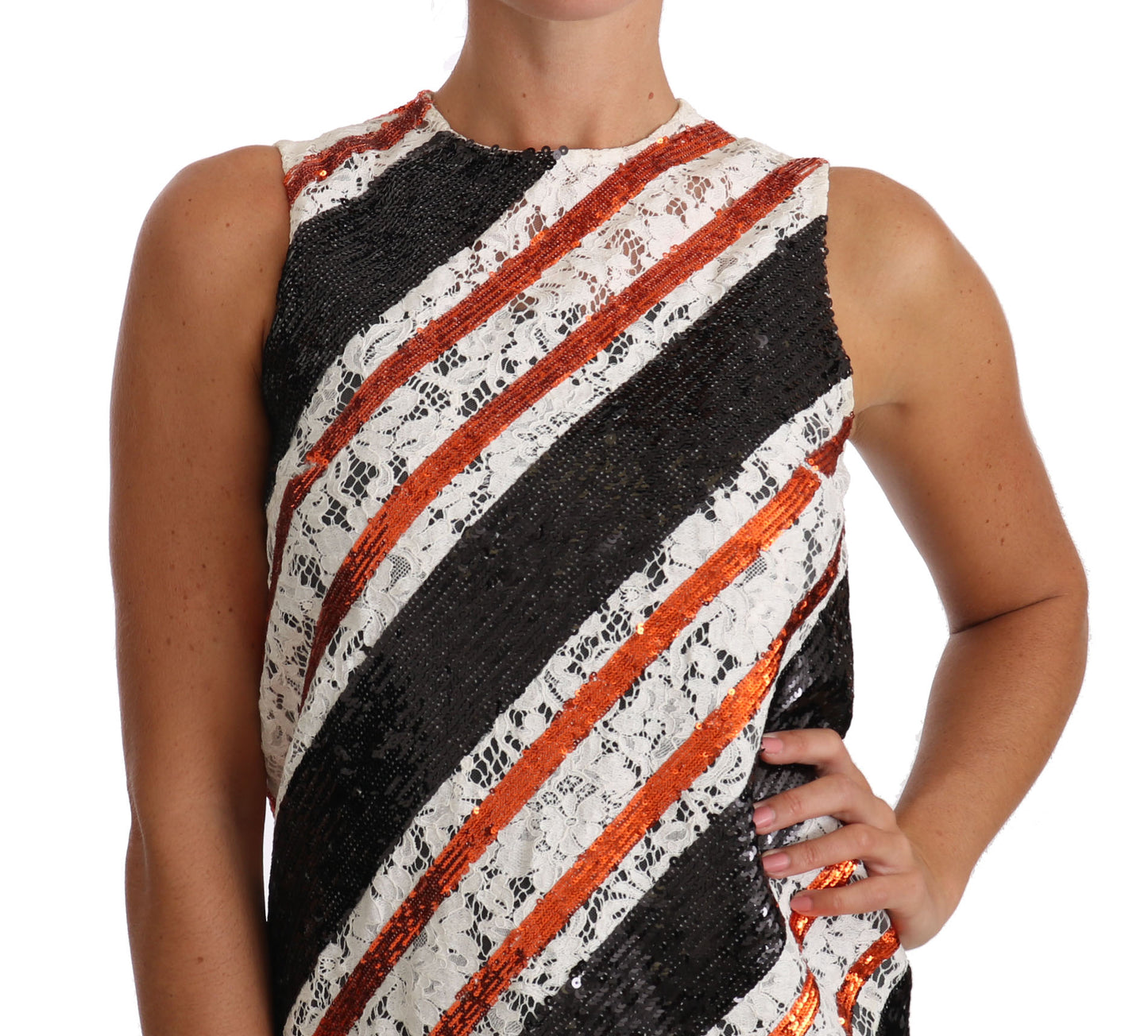 Dolce & Gabbana Black White Orange Stripe Sequin Floral Lace Shift Dress