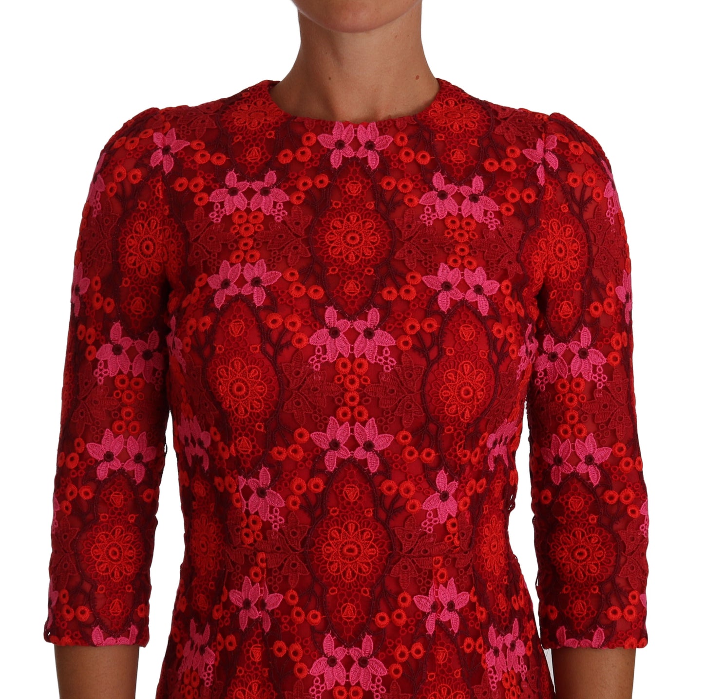 Dolce & Gabbana Red Pink Floral Crochet Lace Dress