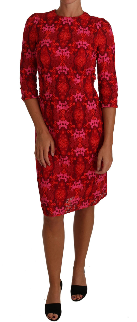 Dolce & Gabbana Red Pink Floral Crochet Lace Dress